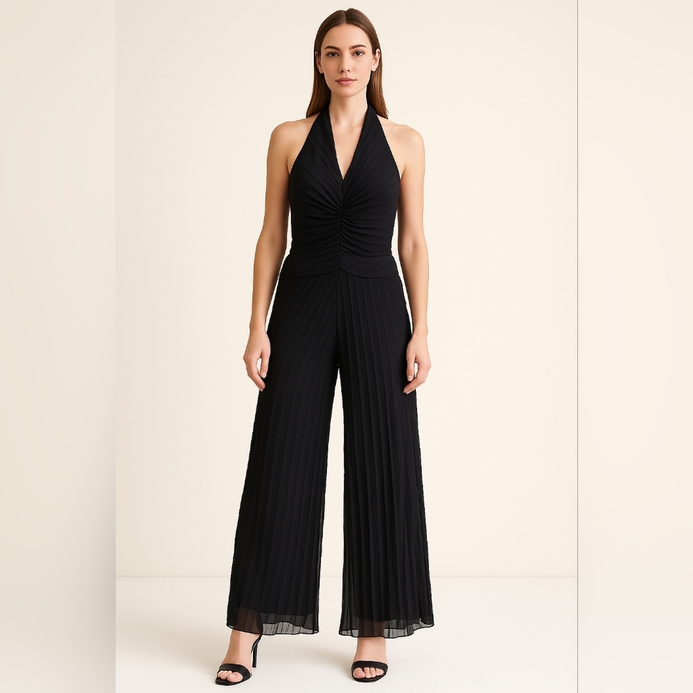 Vintage 90s Joseph Ribkoff Couture Halterneck black palazzo jumpsuit size 8